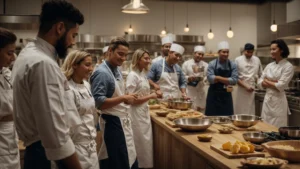 a group of enthusiastic participants surrounds a chef in a spacious kitchen, each attentively following a culinary demonstration.