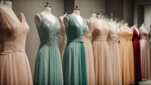 a collection of elegant dresses in various styles and colors is displayed on mannequins in a bright boutique.
