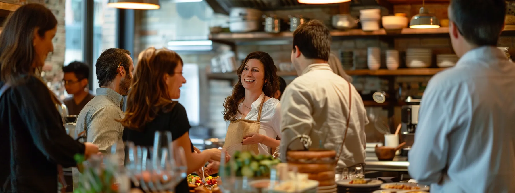 business professionals mingling with local chefs and fellow food enthusiasts at a cooking class event in nyc.
