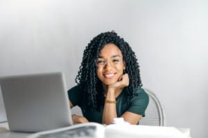 a woman sitting at a desk