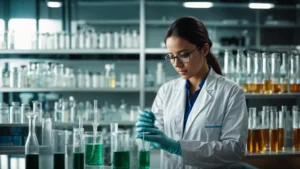 a researcher in a lab coat examines a vial of clear liquid in a well-equipped laboratory, with shelves of chemical reagents in the background.